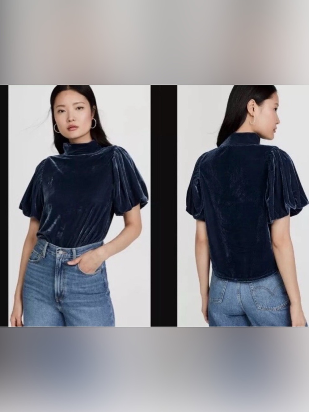 Free People Blue Claudia Velvet Mock Neck Puff Sleeve Top Size XS